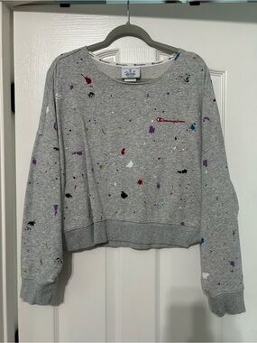 Champion Gray Paint-Splatter Cropped Sweatshirt with Multicolor Accents